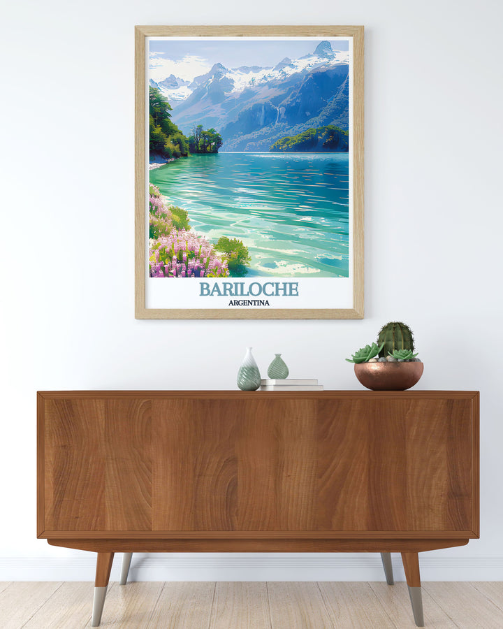 Captivating travel poster of Bariloche, capturing the iconic Nahuel Huapi Lake and the serene town of San Carlos. Perfect for nature lovers and those who appreciate the beauty of Argentinas landscapes, enhancing your home or office decor.