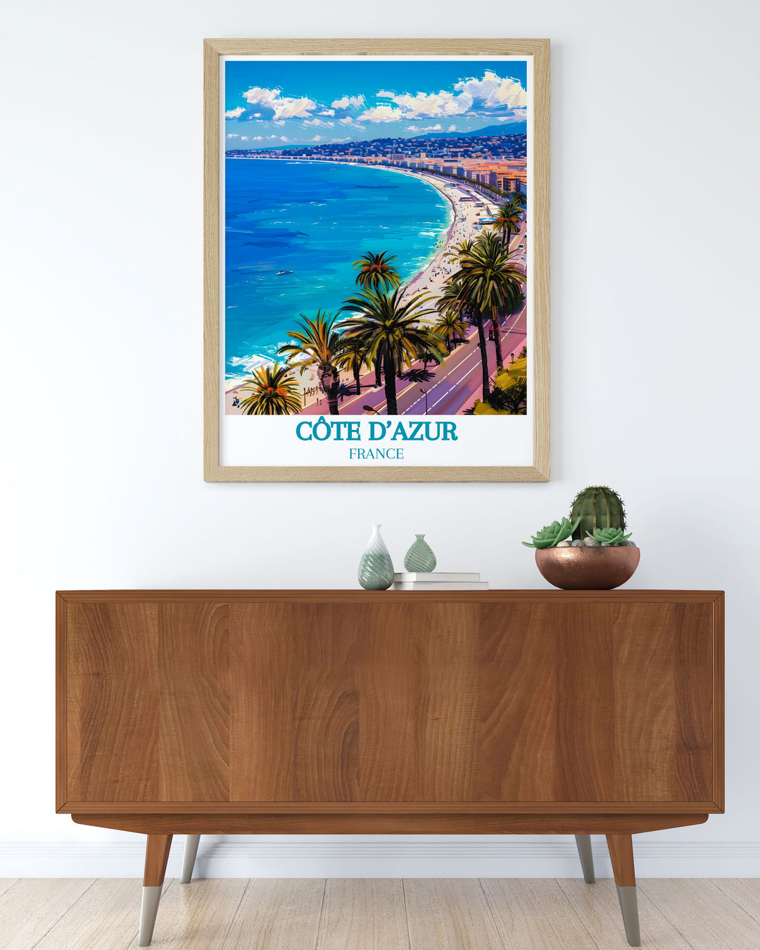Modern wall decor showcasing the stunning scenery of the Promenade des Anglais in Nice, Côte dAzur, France. This print features the charming boulevard, clear Mediterranean waters, and grand hotels, bringing the beauty of the French Riviera into your living space.