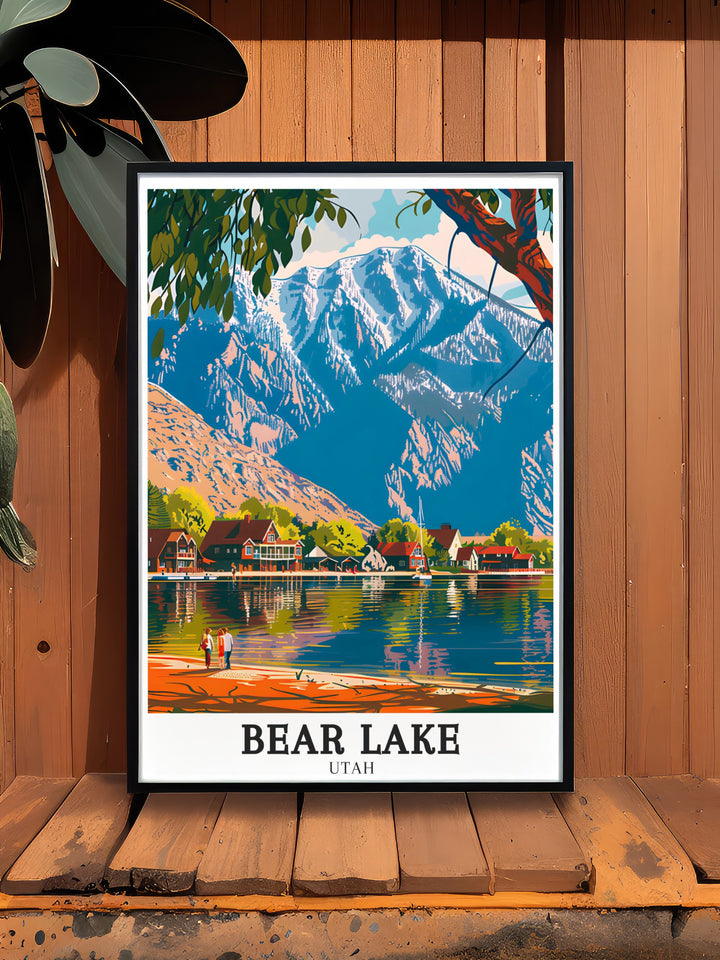 Detailed wall print of Bear Lake State Park with the towering Wasatch Mountains in the background, capturing the scenic beauty of the area, perfect for adding a touch of nature to your space