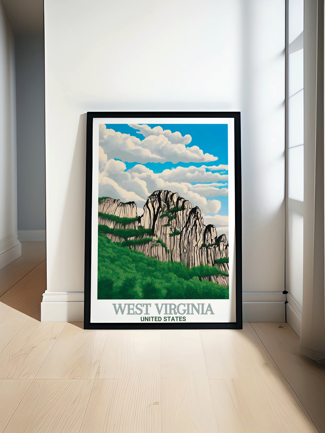 West Virginia poster print featuring Snowshoe Ski Resort and Seneca Rocks offering stunning views of the Appalachian Range and Allegheny Mountains perfect for adding adventure and natural beauty to your home decor or as a gift for outdoor lovers.