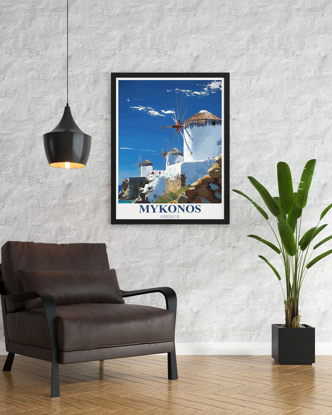 Explore Mykonos with our wall art showcasing the iconic windmills and serene landscapes of Greece a perfect addition to any living room or bedroom