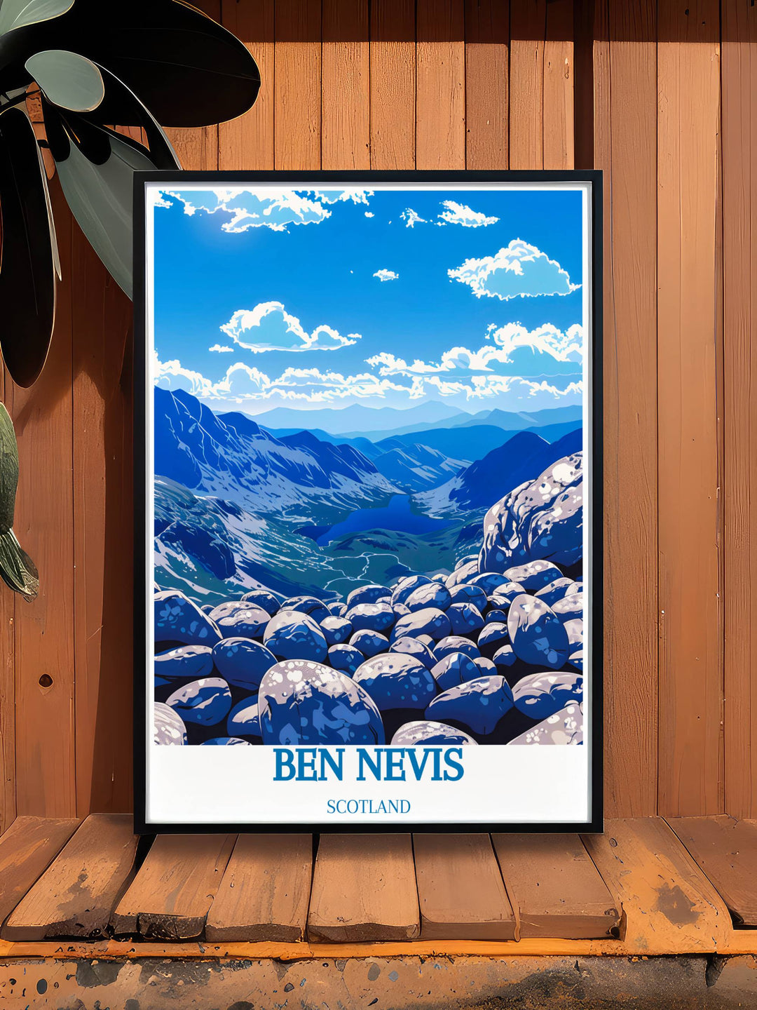 Sunrise over Ben Nevis summit depicted in a travel poster, emphasizing the golden hues illuminating the snow and rocks