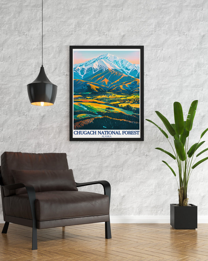 This Chugach Mountains poster captures the peaceful beauty of the Copper River Delta. Ideal for adventurers or anyone who appreciates nature, this travel print celebrates Alaskas scenic wonders and adds a touch of wilderness to your home decor.