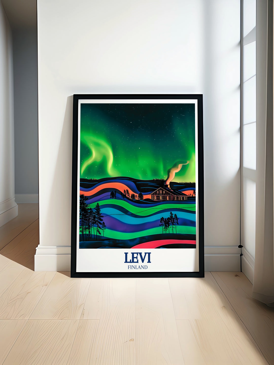 Levi Poster Print featuring the stunning winter landscapes of Levi, Finland, where snow covered slopes meet the magical glow of the Aurora Borealis. This artwork brings the enchanting beauty of Lapland into your home, perfect for creating a serene and winter inspired decor.