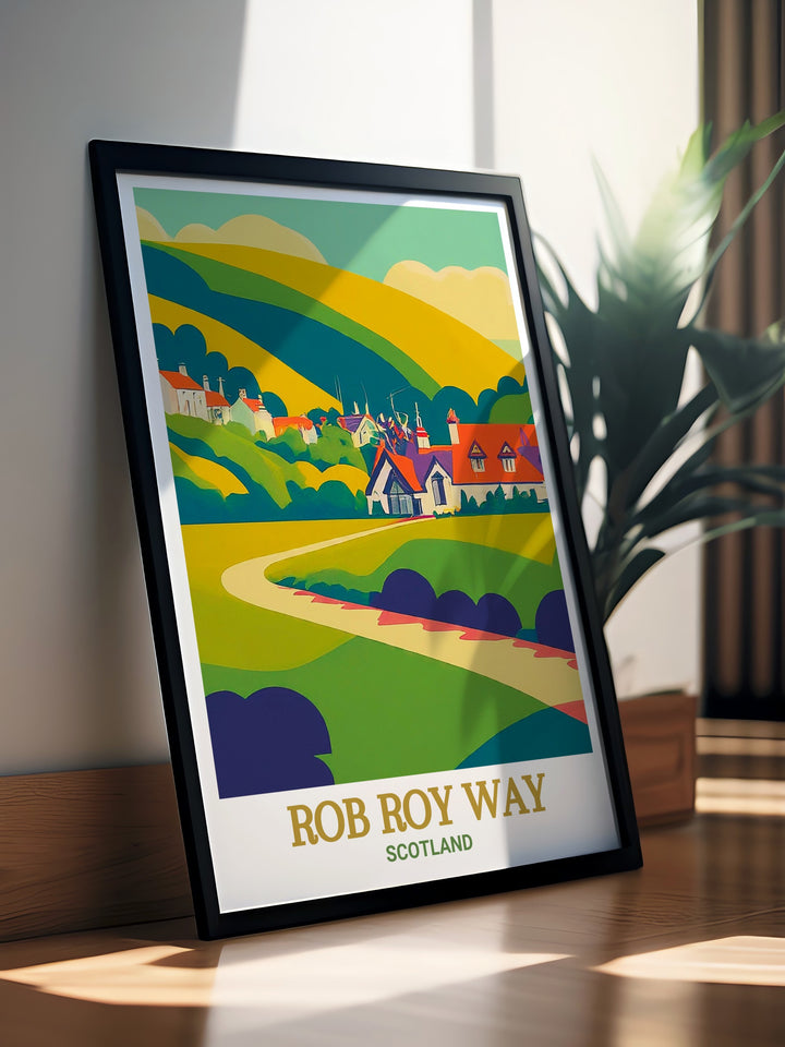 This framed travel poster brings to life the iconic views of the Rob Roy Way, Loch Tay, and Aberfoyle. Perfect for hiking enthusiasts or as a stylish addition to your decor, this artwork celebrates Scotlands Great Trails.