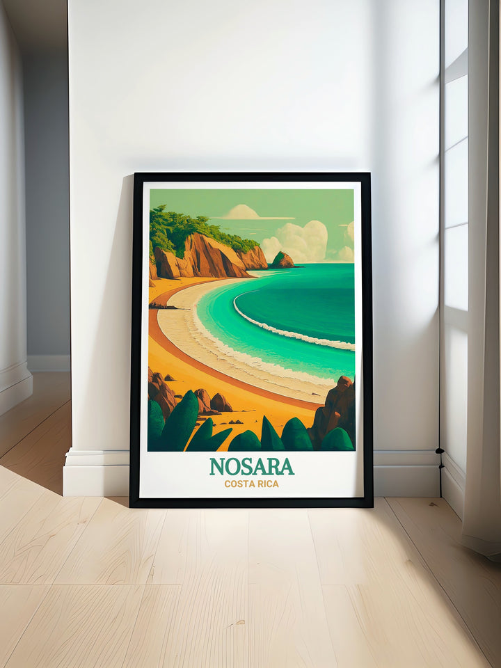 Costa Ricas Playa Pelada, located in the tranquil town of Nosara, is known for its peaceful atmosphere and stunning coastal views. This print captures the beauty of the beach, from its rocky tide pools to its soft sands. Perfect for anyone who loves the ocean, this artwork adds a touch of tropical serenity to your decor.