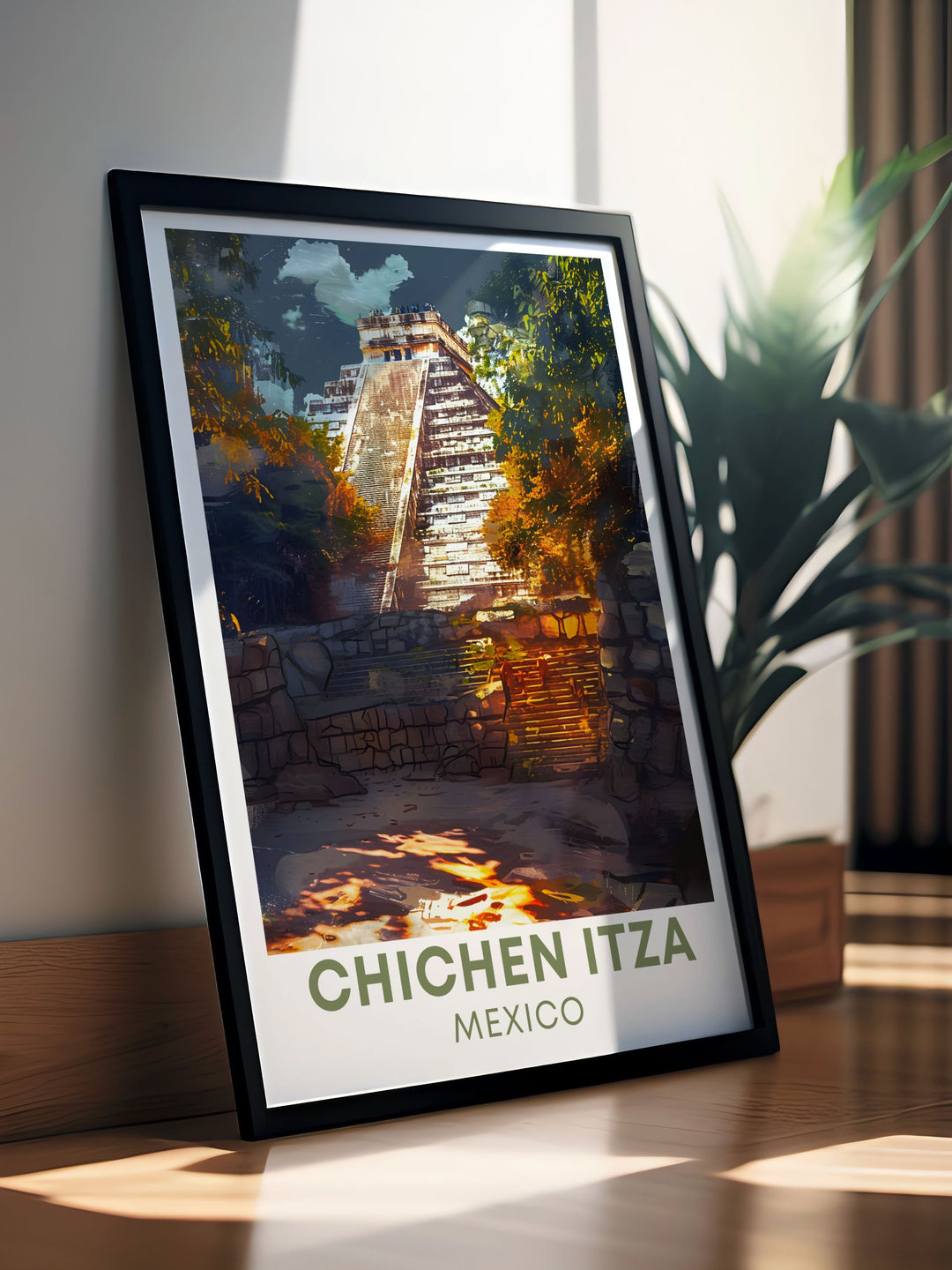 Celebrate the wonders of Chichen Itza with this beautiful travel poster. This print is a fantastic addition to any Mexico City wall art collection. Perfect for adding a historical touch to your home or as a unique travel gift.