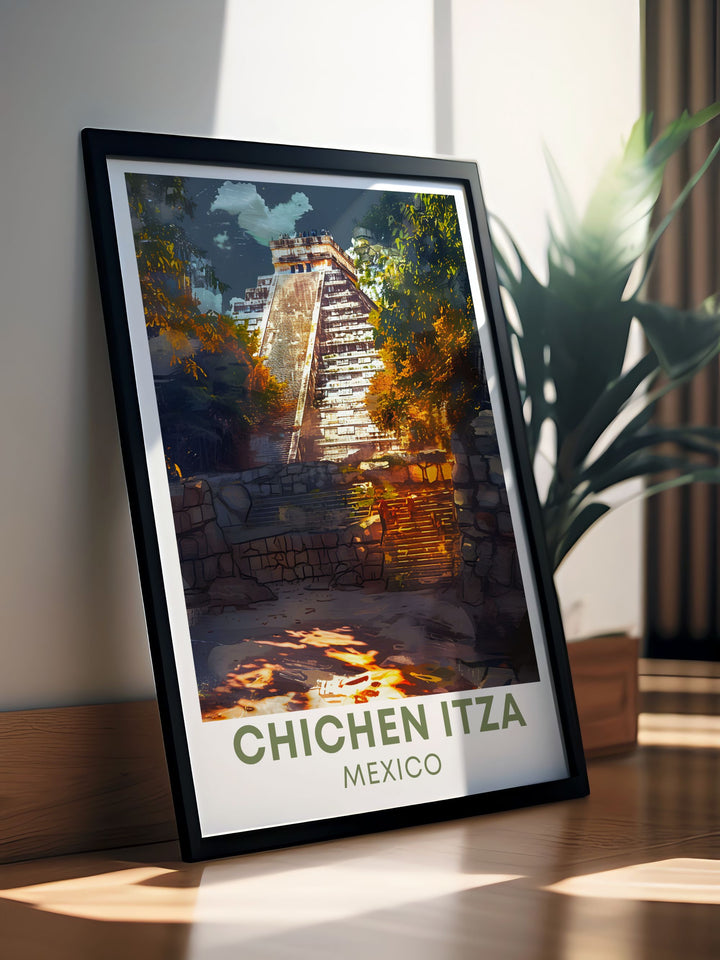Celebrate the wonders of Chichen Itza with this beautiful travel poster. This print is a fantastic addition to any Mexico City wall art collection. Perfect for adding a historical touch to your home or as a unique travel gift.