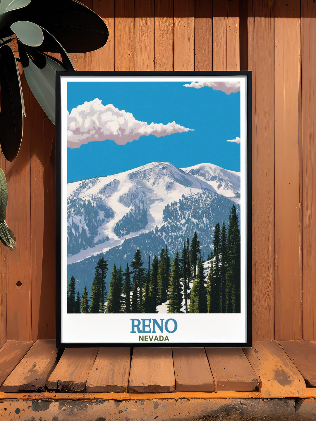 Framed art of Mt. Rose Ski Tahoe in the Sierra Nevada, capturing the excitement of skiing and snowboarding on the stunning Nevada slopes. This vintage travel poster adds a classic touch to any room while celebrating outdoor adventure.