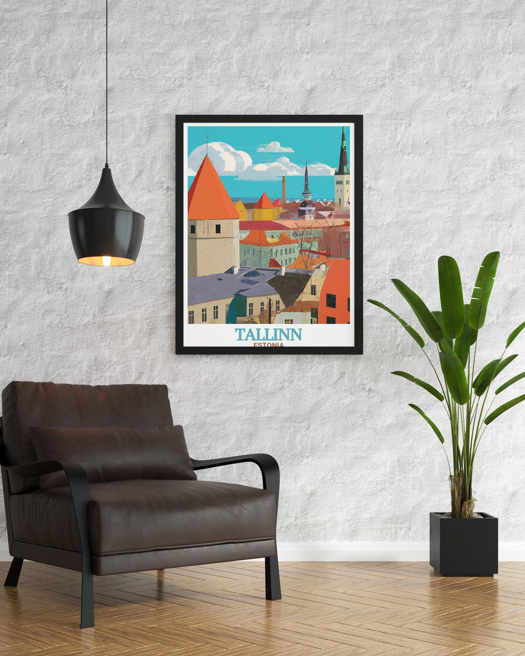 A vibrant Tallinn Estonia poster print featuring the iconic Tallinn Old Town. This travel print beautifully showcases the historic charm of the citys medieval architecture, including cobblestone streets and red tiled rooftops. Ideal for lovers of European destinations and a perfect gift for travelers.