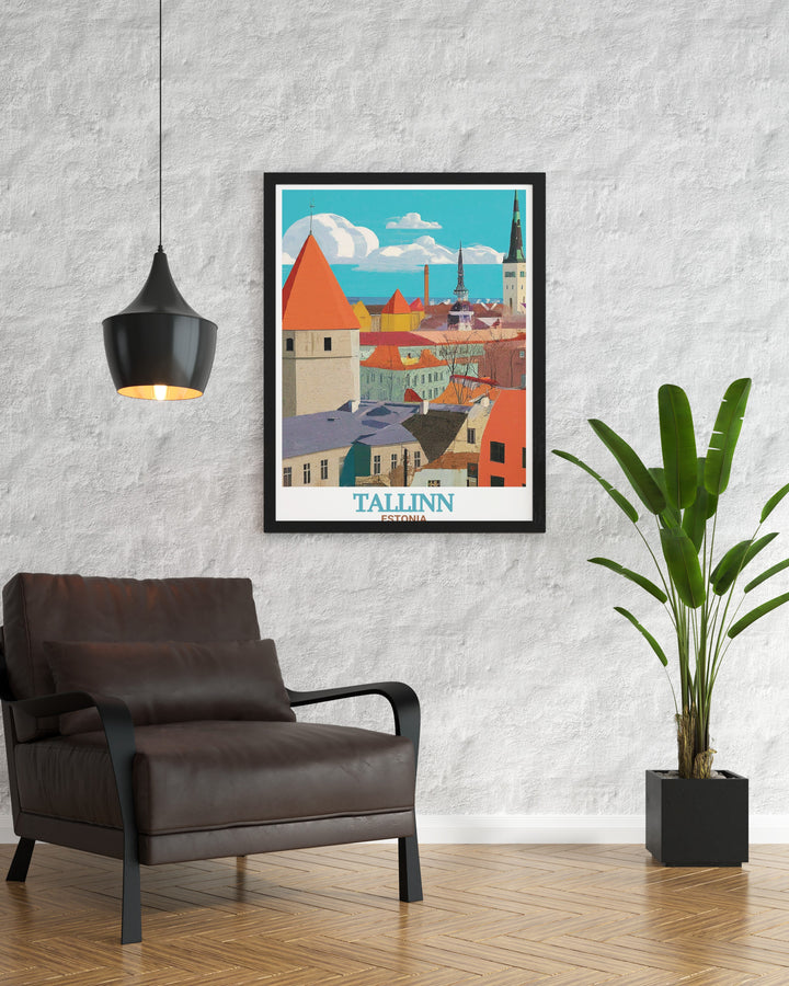 A vibrant Tallinn Estonia poster print featuring the iconic Tallinn Old Town. This travel print beautifully showcases the historic charm of the citys medieval architecture, including cobblestone streets and red tiled rooftops. Ideal for lovers of European destinations and a perfect gift for travelers.