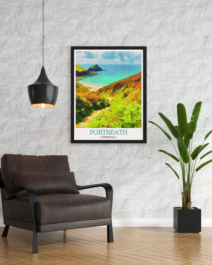 Bassets Cove offers some of the most breathtaking views along Cornwalls coast, with its secluded beach and towering cliffs. This print showcases the rugged beauty of Bassets Cove, offering a glimpse into one of Cornwalls most picturesque locations. An ideal addition to any room, this artwork celebrates the natural beauty of Cornwall.