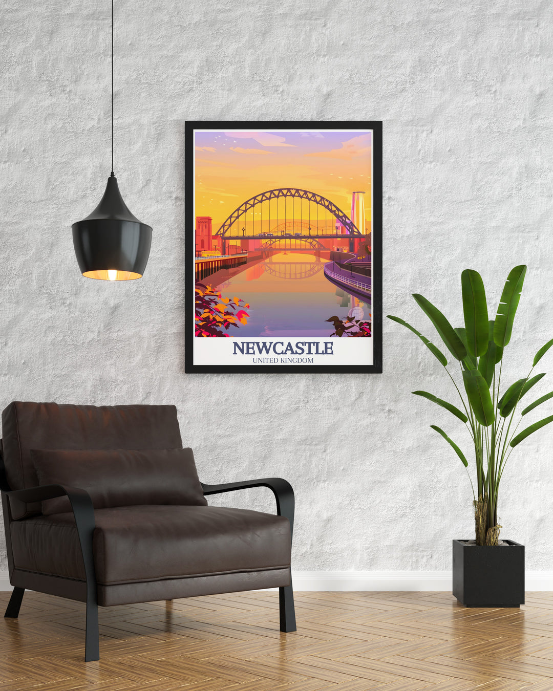 This Newcastle poster print showcases the stunning view of the Tyne Bridge and the Gateshead Millennium Bridge. Perfect for anyone who loves England travel art, this canvas art captures the beauty and history of Newcastles famous landmarks. A great travel gift for lovers of UK wall decor and art.