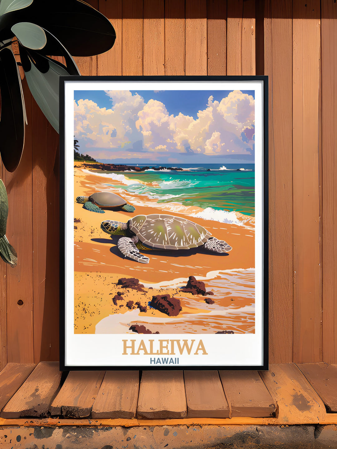 Add a touch of paradise to your space with this Haleiwa poster print showcasing Laniakea Beach Turtle Beach The beach scenes and vibrant colors make it an ideal decor choice for anyone who loves Hawaii or wants to bring a tropical vibe to their home