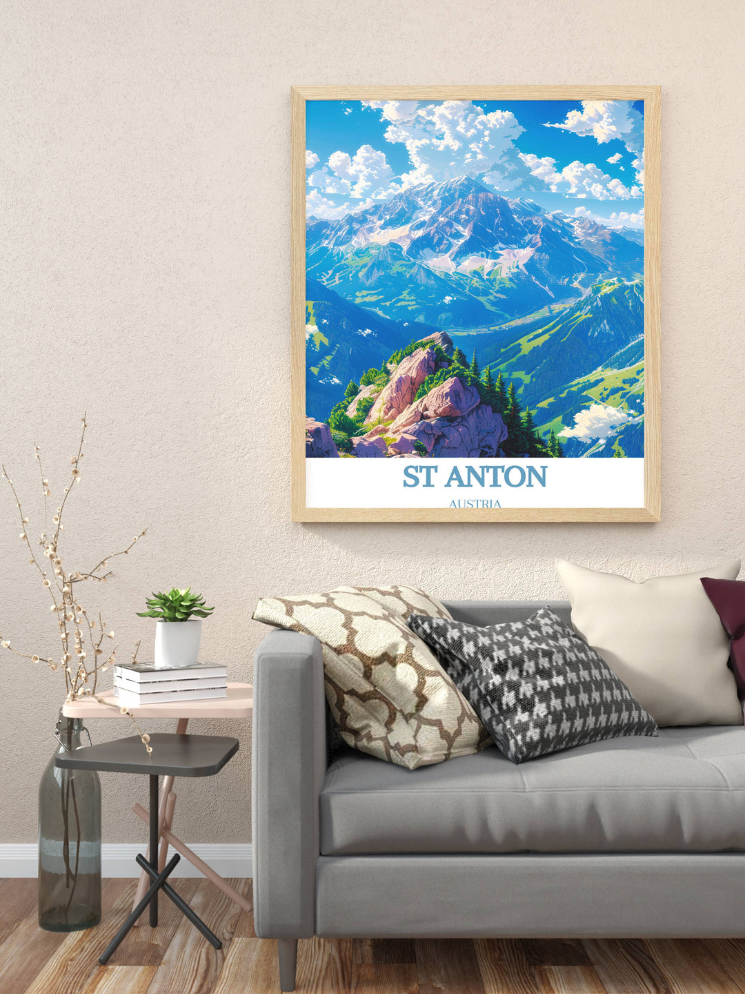 Valluga Mountain Modern Art and St Anton Ski Print make a striking combination for any wall. Perfect for those who love winter sports these prints bring the energy of the slopes into your space while adding an elegant touch to your decor.