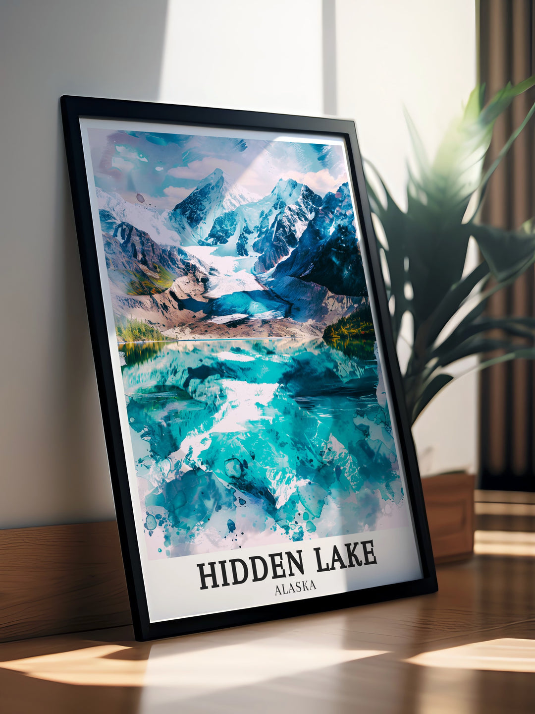 Hidden Lake travel poster offering a detailed view of the serene lake and its surrounding wilderness in Alaska. This wall print creates a peaceful and calming environment, perfect for adding a touch of natural beauty to your home or office décor.