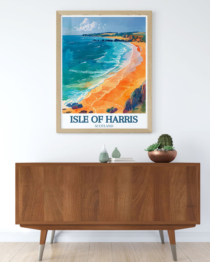 A stunning wall art piece showcasing the enchanting scenery of the Outer Hebrides. The vibrant hues and tranquil atmosphere invite viewers to experience the magic of the Isle of Harris, making it a perfect addition to any decor.