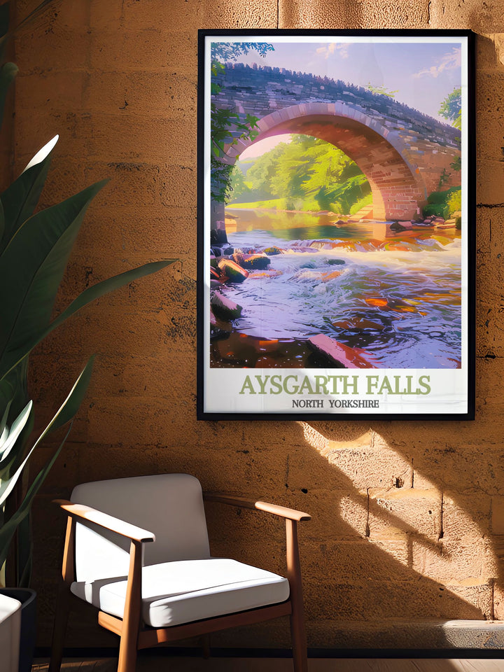 Vintage print of Aysgarth Bridge in North Yorkshire an exquisite piece of wall art that celebrates the heritage and scenic landscapes of the Yorkshire Dales National Park ideal for home decor and gifts.