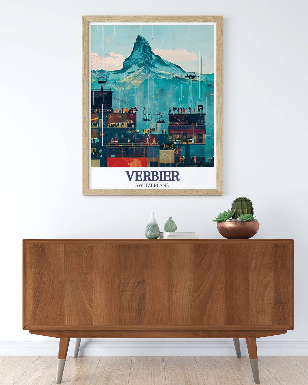 This stunning Verbier and Matterhorn wall art is a tribute to Switzerlands most famous ski destinations. The detailed illustration will transport you to the slopes, making it the perfect décor piece for skiing enthusiasts.