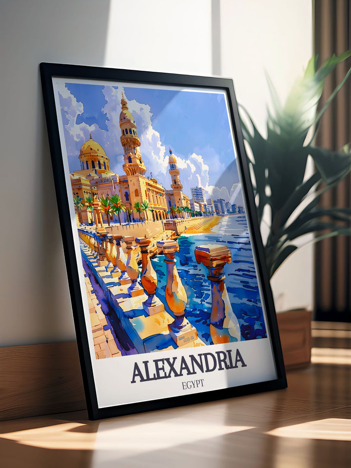 Discover the charm of Alexandria Egypt with this beautiful art print featuring Stanley Beach and Corniche Promenade Cathedral. This city print offers a detailed street map view and brings the rich culture and history of Alexandria to your home decor.