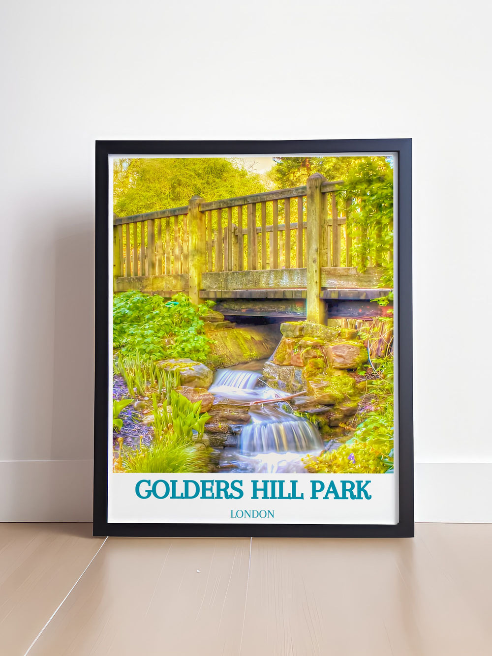Gallery wall art of the Water Gardens in Golders Hill Park, celebrating the beauty of cascading waterfalls and serene ponds, ideal for enhancing your home decor.