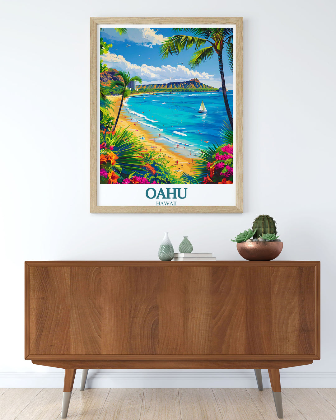 Add a touch of paradise to your home with this Oahu wall art showcasing Waikiki Beach and Diamond Head Crater a perfect addition to any room for those who love Hawaii.