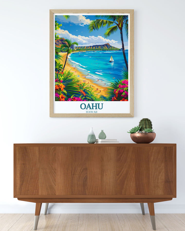 Add a touch of paradise to your home with this Oahu wall art showcasing Waikiki Beach and Diamond Head Crater a perfect addition to any room for those who love Hawaii.