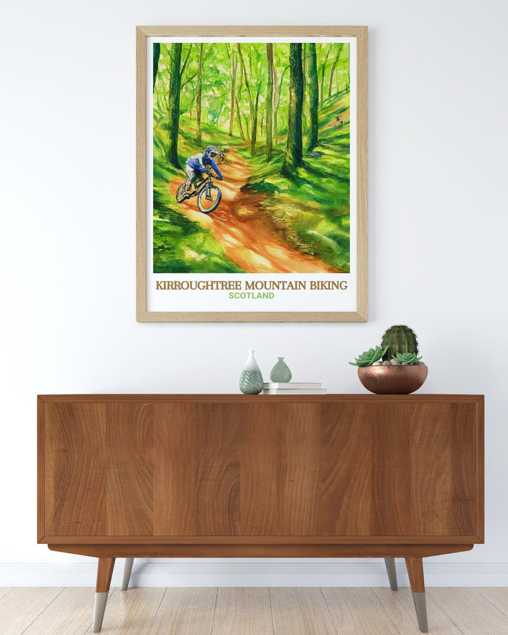 Galloway Forest Park wall art highlighting the vibrant mountain biking scene at the 7stanes trails. This travel poster features the beauty of the natural landscape alongside the exhilarating biking routes, making it a must have for any cyclist.