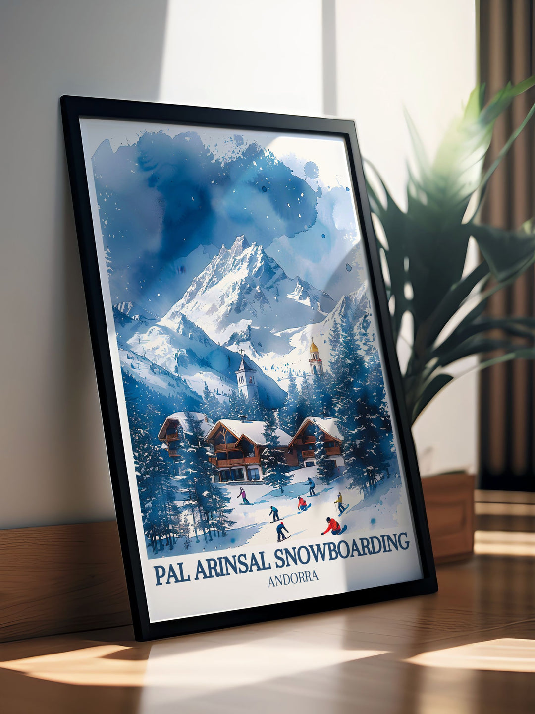 Retro Ski Poster of Andorra highlighting the Vallnord ski area and Sant Andreu church stunning prints ideal for modern living room decor and adding a touch of adventure to your home with elegant framed prints