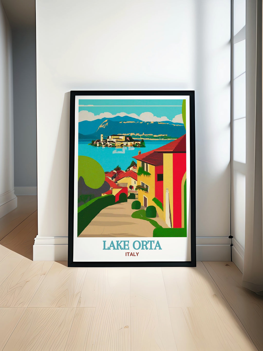 This travel poster of Lake Orta and Orta San Giulio brings the charm of Italy into your home. Perfect for decorating your living room or office, this artwork captures the tranquil beauty of one of Italys most cherished lakes and its surrounding village.