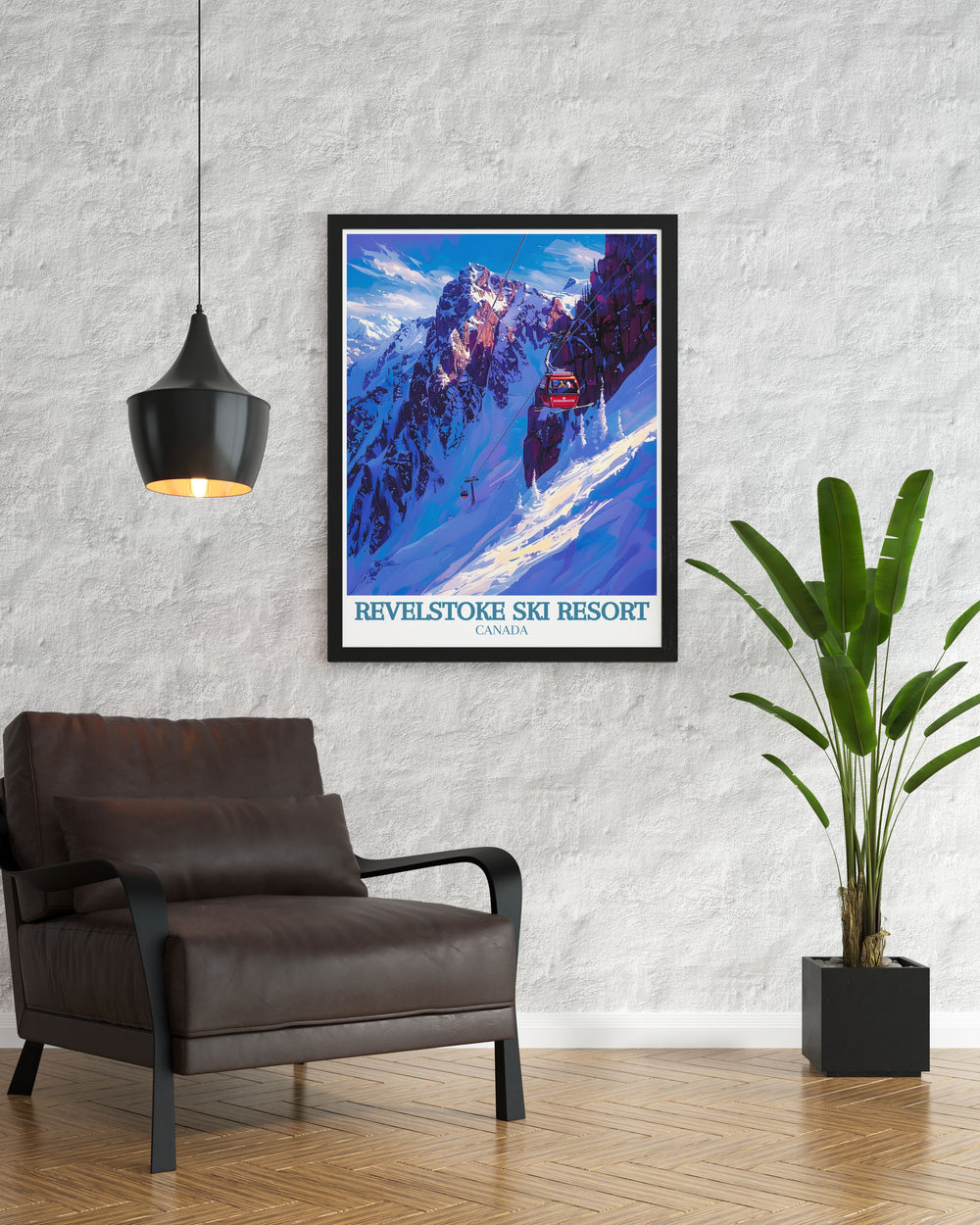 Revelstoke Poster featuring Mount Mackenzie and the Revelation Gondola cable car. This Ski Resort Print brings the beauty of British Columbia into your home. Perfect for adding a touch of adventure and elegance to your decor.