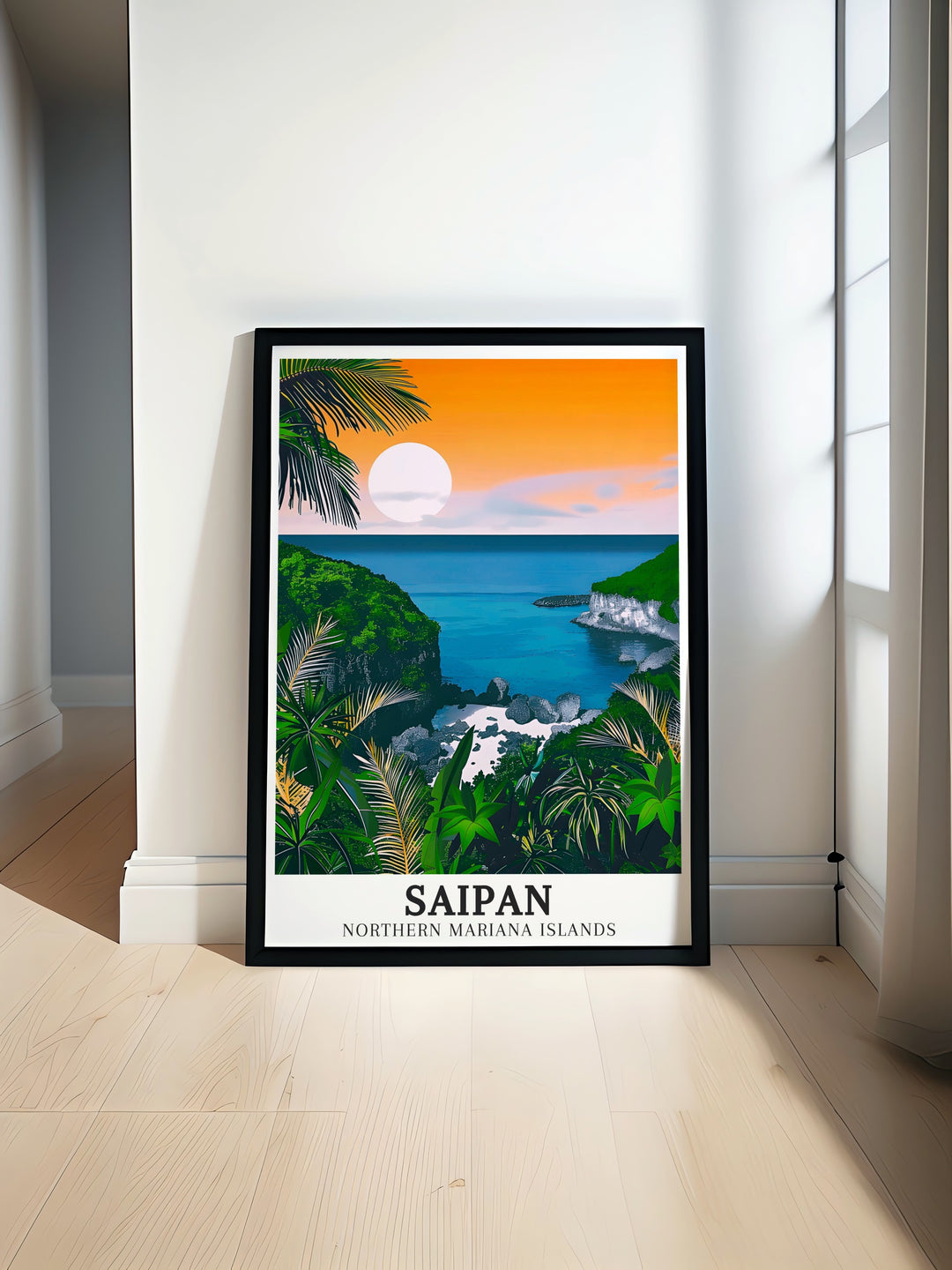 Saipan and Pacific Ocean art deco travel posters showcasing vibrant landscapes and serene waters of the Mariana Islands, including Marine Beach and Kagman. These framed travel posters are ideal for adding a touch of coastal elegance to your wall decor. Experience the charm of Saipan through our beautifully crafted art deco travel posters.