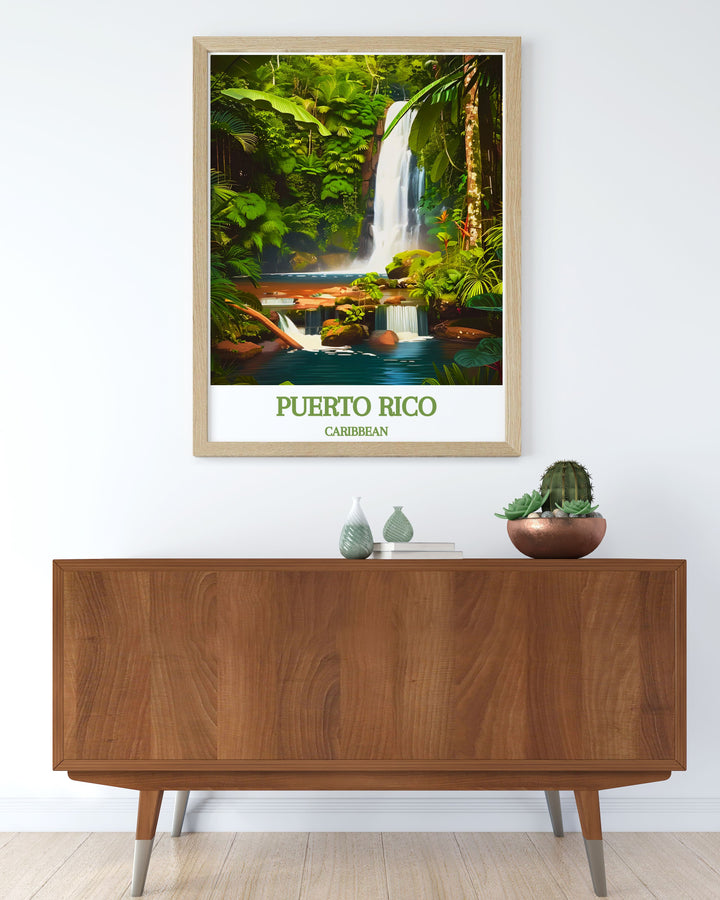 Unique Arecibo wall art featuring the breathtaking CARIBBEAN, El Yunque National Forest. This travel poster print captures the essence of Puerto Ricos natural landscapes, making it a perfect addition to any art collection or as a special gift.