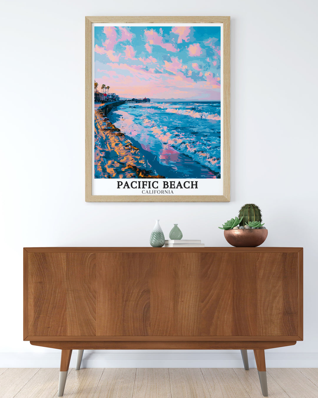 This travel print of Pacific Beach brings the famous Crystal Pier and boardwalk to life, making it a must have for any coastal themed room. Whether youve visited San Diego or dream of it, this art is the perfect way to celebrate Californias beaches.