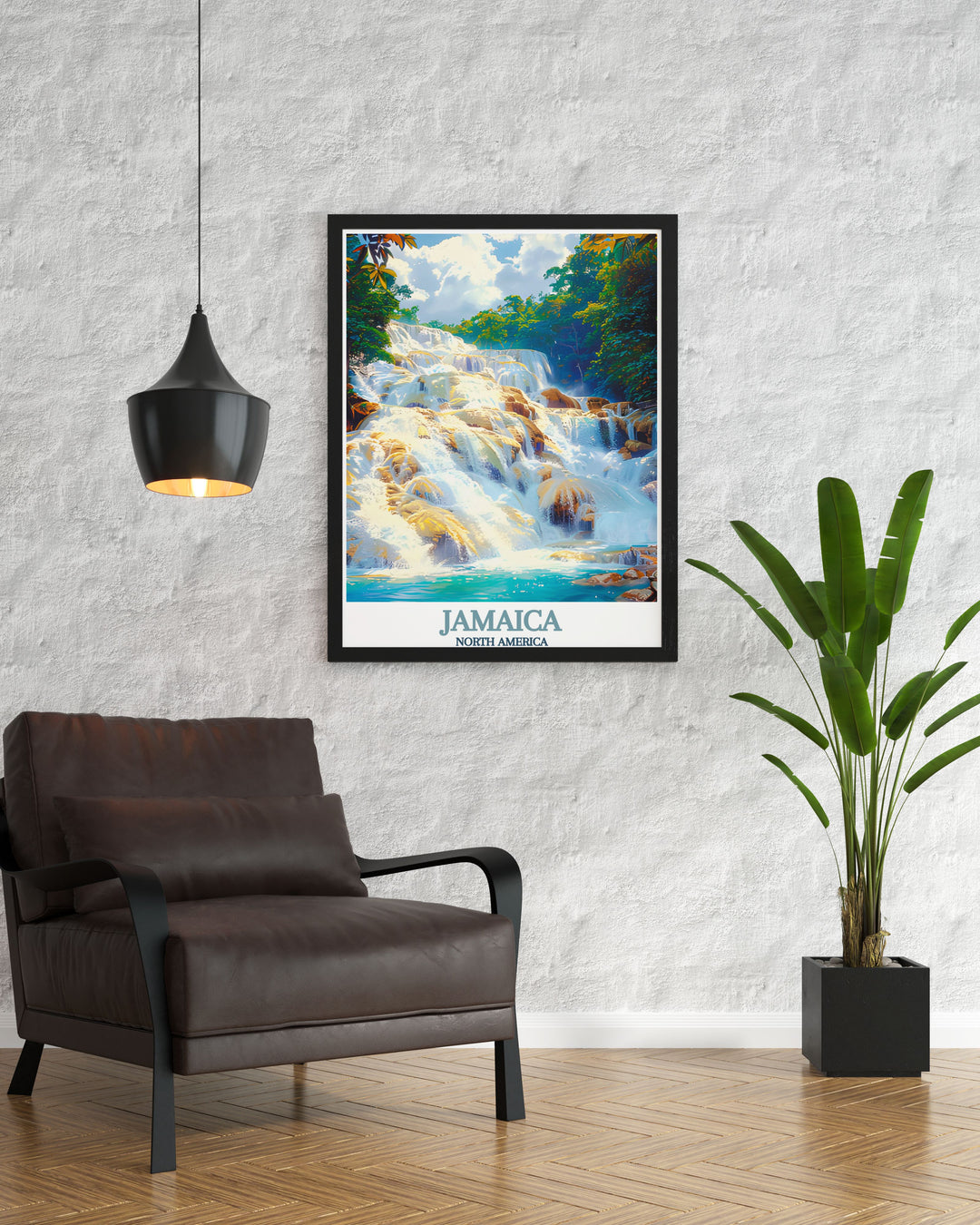 This travel poster vividly captures Dunns River Falls in Jamaica, showcasing the cascading waterfalls and lush tropical surroundings.
