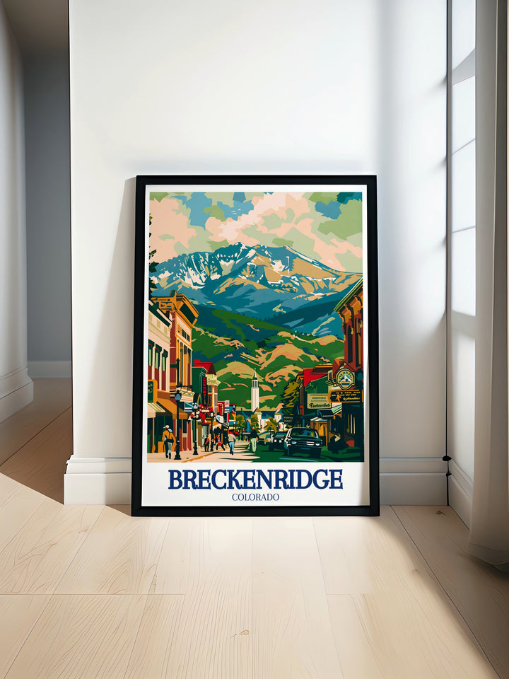 Breckenridge travel print captures the lively atmosphere of this famous Colorado town, known for its ski resorts and charming Main Street. A perfect piece for any winter sports lover, this poster adds the beauty of Breckenridge to your home or office.