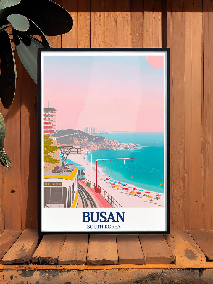 Busan travel print of Haeundae Beach and the Haeundae Beach Train showcasing South Koreas vibrant coastline perfect for adding a fresh and modern touch to your walls with this unique art piece celebrating Busans iconic beach.