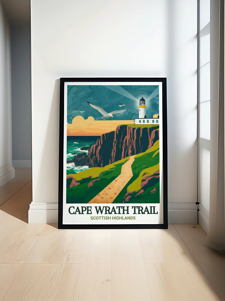 Scotland Travel Poster presents the awe inspiring landscapes of the Cape Wrath Trail and Ben Nevis, offering a window into the rugged beauty of Scotlands Highlands. Ideal for travelers and hikers, this poster brings Scotlands wilderness to life.