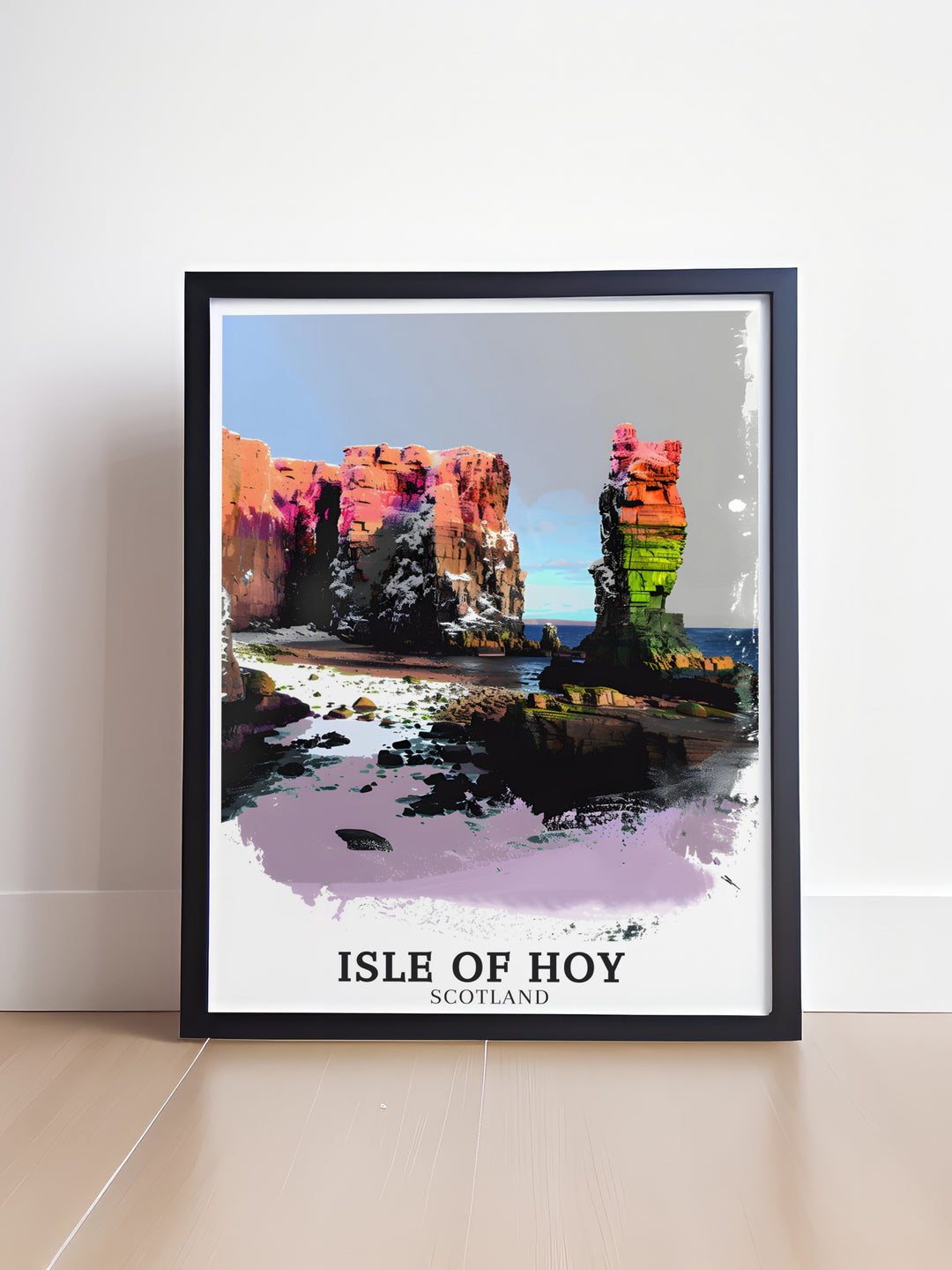 Capture the wild beauty of Scotlands Isle of Hoy with this travel poster featuring the iconic Old Man of Hoy. This stunning artwork brings the dramatic cliffs and sea stacks of Orkney into your home, offering a perfect gift for travelers and adventurers who love Scotlands rugged landscapes.