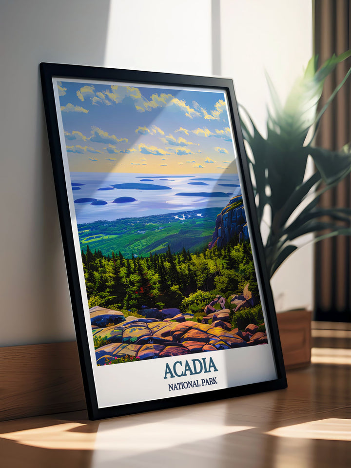 Stunning vintage print of Cadillac Mountain in Acadia National Park perfect for creating a focal point in any room ideal for those who love national park posters and want to add a touch of natural beauty to their home decor.