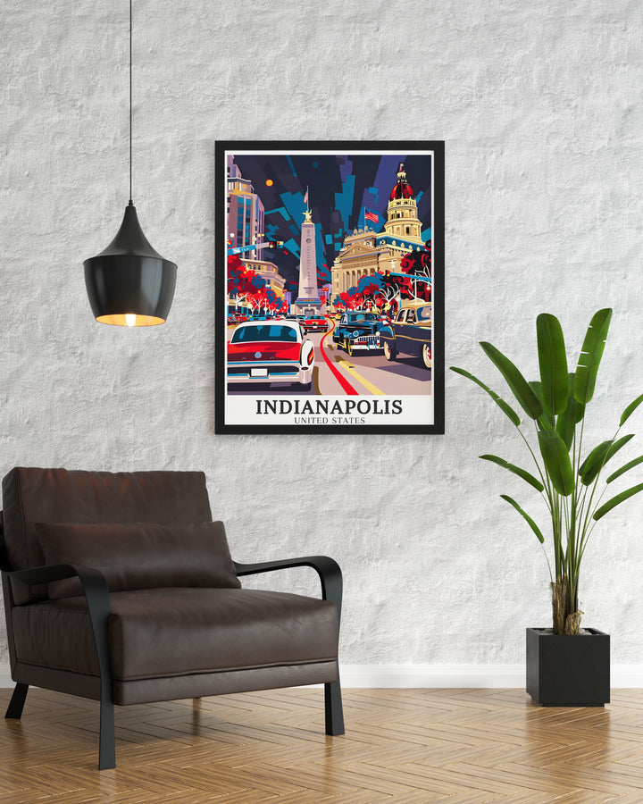 Indiana Wall Decor. Showcasing the historic beauty of the Soldiers and Sailors Monument and Indiana Statehouse, these decor pieces are perfect for enhancing your living space with the charm of Indiana. Ideal for any room and decor style.