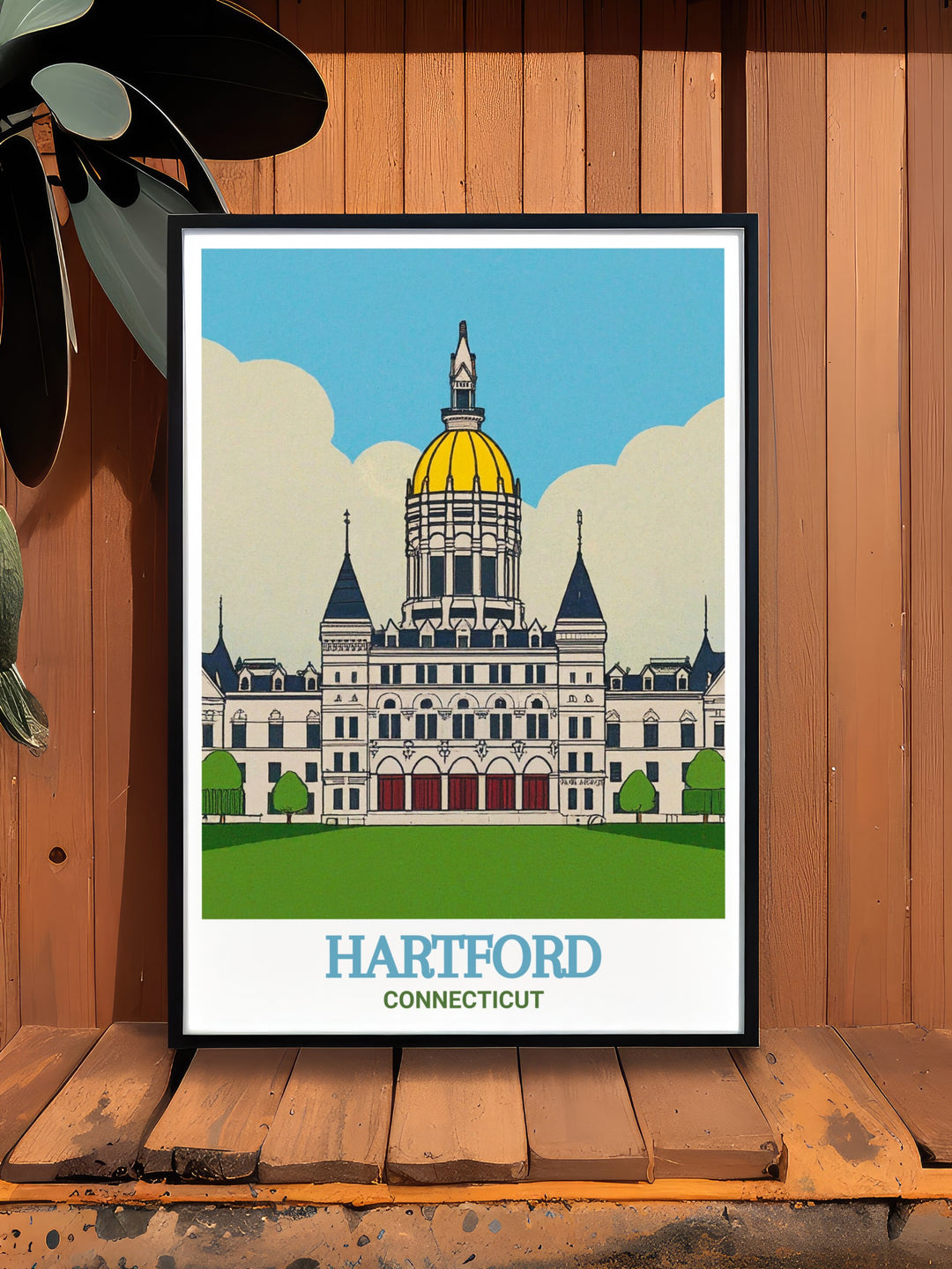 Hartford travel print featuring the Connecticut State Capitol as the focal point in a colorful modern design. This fine line art print adds sophistication to any space and is a great option for anniversary gifts or Christmas presents.