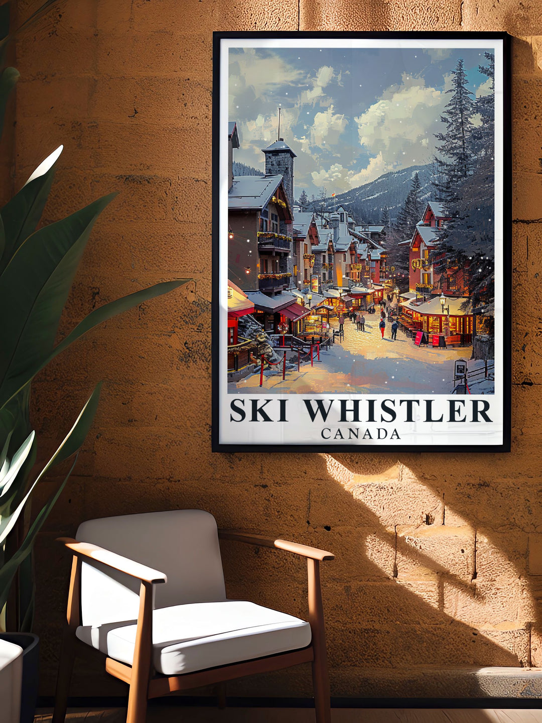 This travel poster highlights the serene beauty of Whistler Ski Resort and the lively atmosphere of Whistler Village, showcasing the natural wonders and vibrant culture of British Columbia.