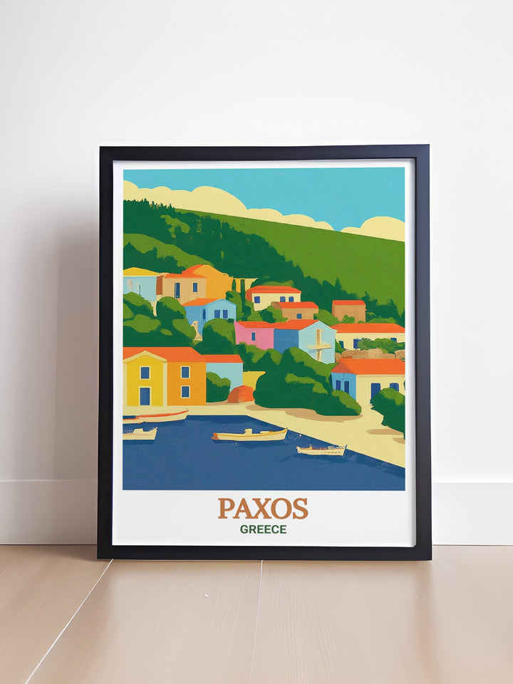 Beautiful Greece wall art featuring the village of Loggos on Paxos island this digital illustration is perfect for anyone who loves Greece travel prints and wants to enhance their home with elegant Mediterranean inspired decor ideal for living rooms or offices