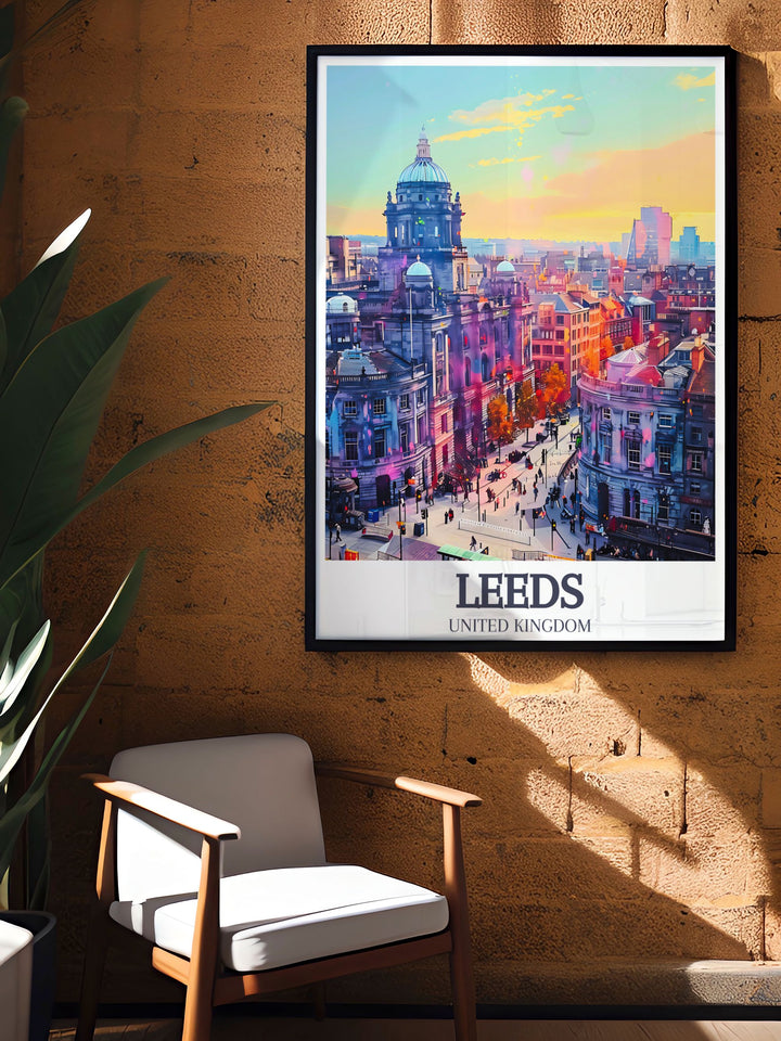 Detailed Leeds Corn Exchange and Briggate High Street art piece that brings the iconic landmarks of Leeds to life. Enhance your England wall art collection with this captivating Leeds print and share the beauty of Leeds Corn Exchange with loved ones.