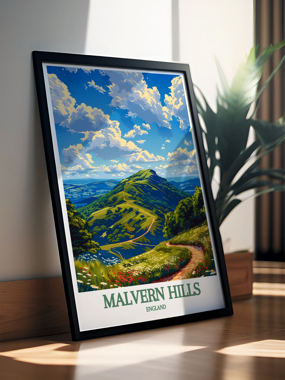 Great Malvern Priory modern prints showcase the historical grandeur of this iconic landmark set against the picturesque Malvern Hills a perfect piece of UK countryside art that adds sophistication to any space with its stunning views of Worcestershire and the Severn Valley