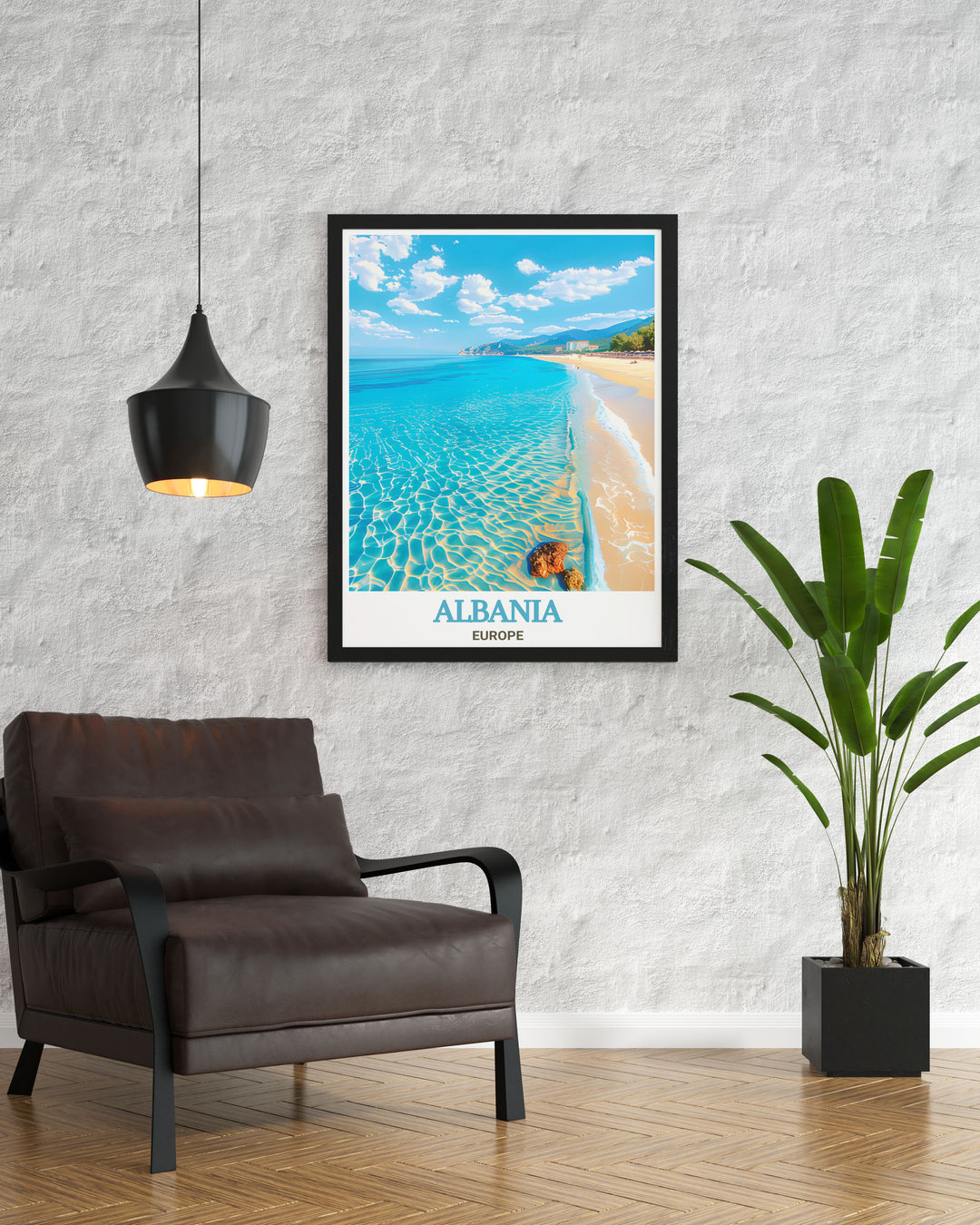 Modern Albania Poster featuring the breathtaking scenery of Dhermi Beach with detailed artwork ideal for home decor adding a touch of elegance and charm to any room making it an excellent choice for Christmas or birthday gifts