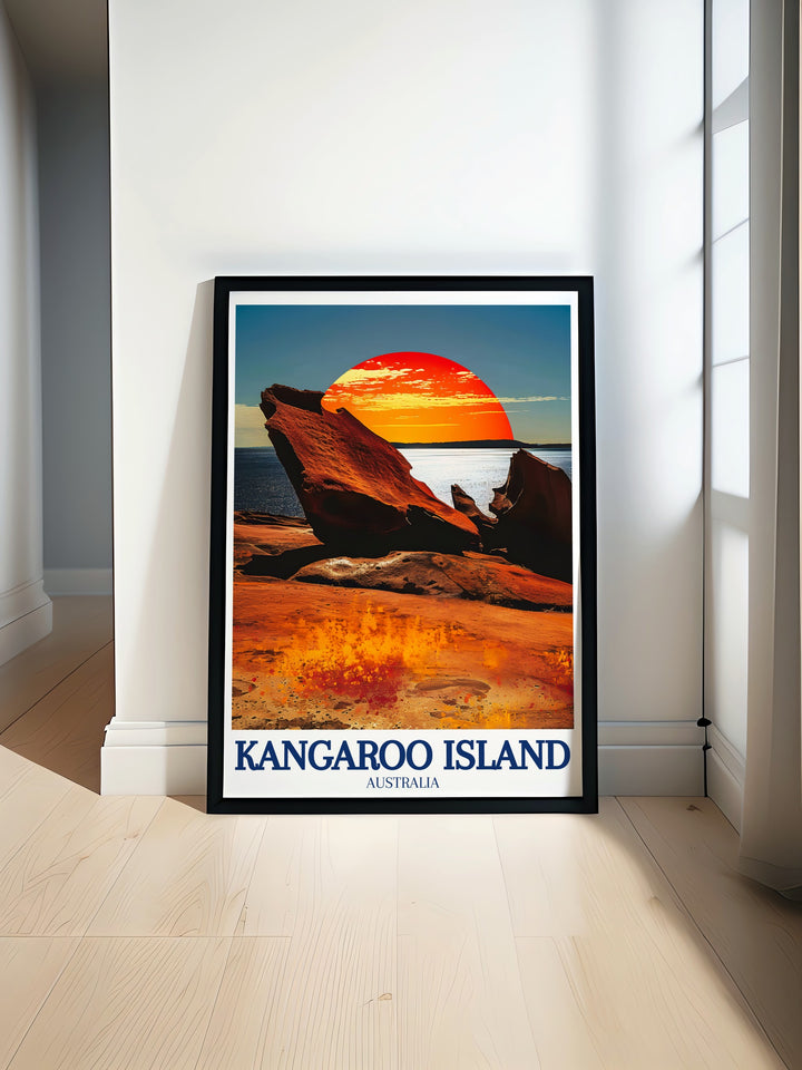 Capture the adventure and tranquility of Kangaroo Island with this travel print, featuring the iconic landscapes of Flinders Chase National Park and the peaceful escape of Stokes Bay.