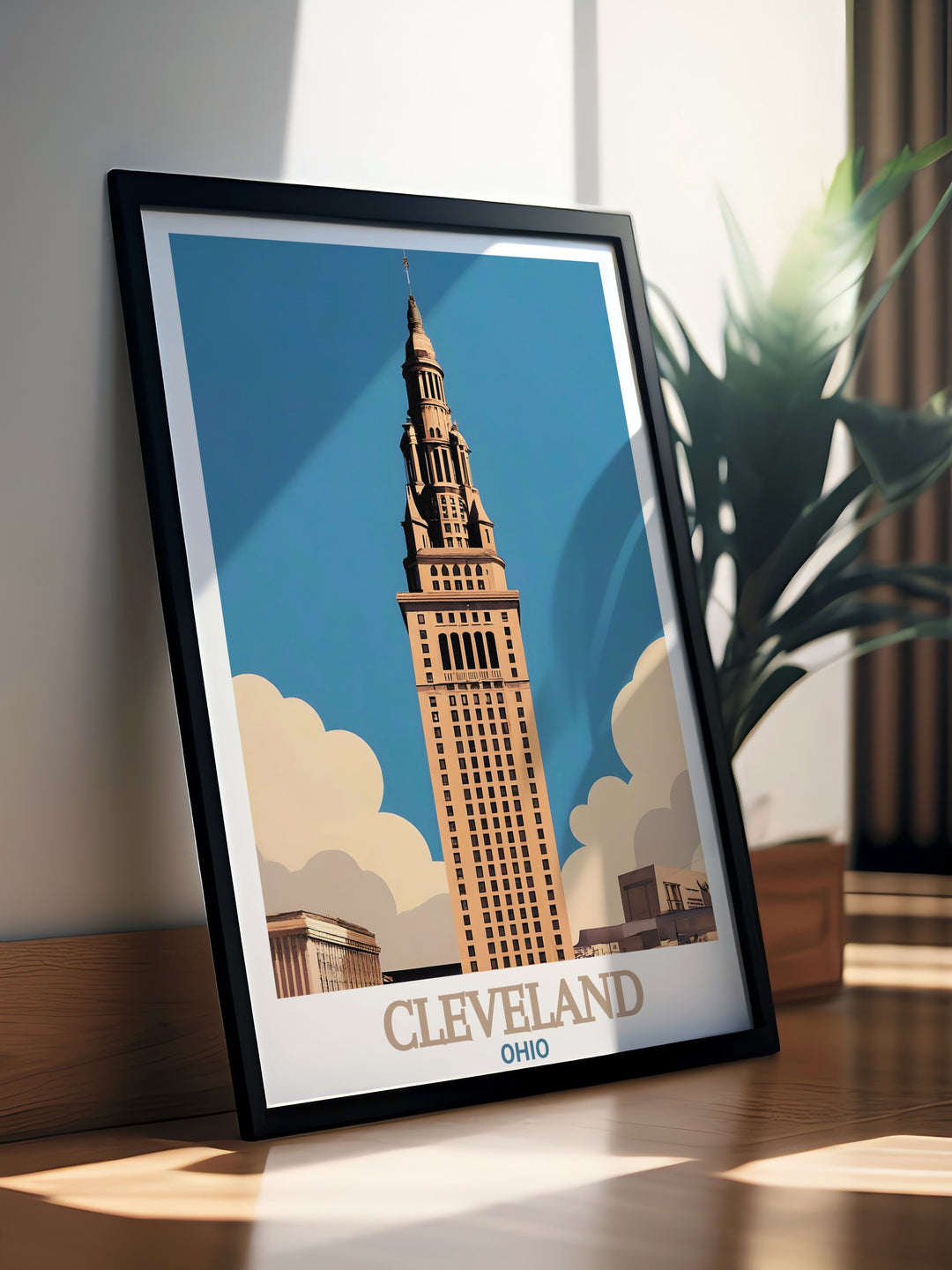 Cleveland Wall Art features the Terminal Tower standing tall against the backdrop of Clevelands intricate street map. This framed art piece brings together the best of the citys architecture and modern design, perfect for enhancing any space.