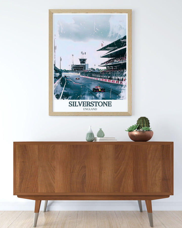 Elegant Silverstone Circuit BRDC Grandstand artwork designed to bring the excitement of racing to your home. The modern art piece features a dynamic representation of the grandstand and circuit, ideal for use as a striking wall decor item in sports themed spaces and for those who appreciate high speed thrills.